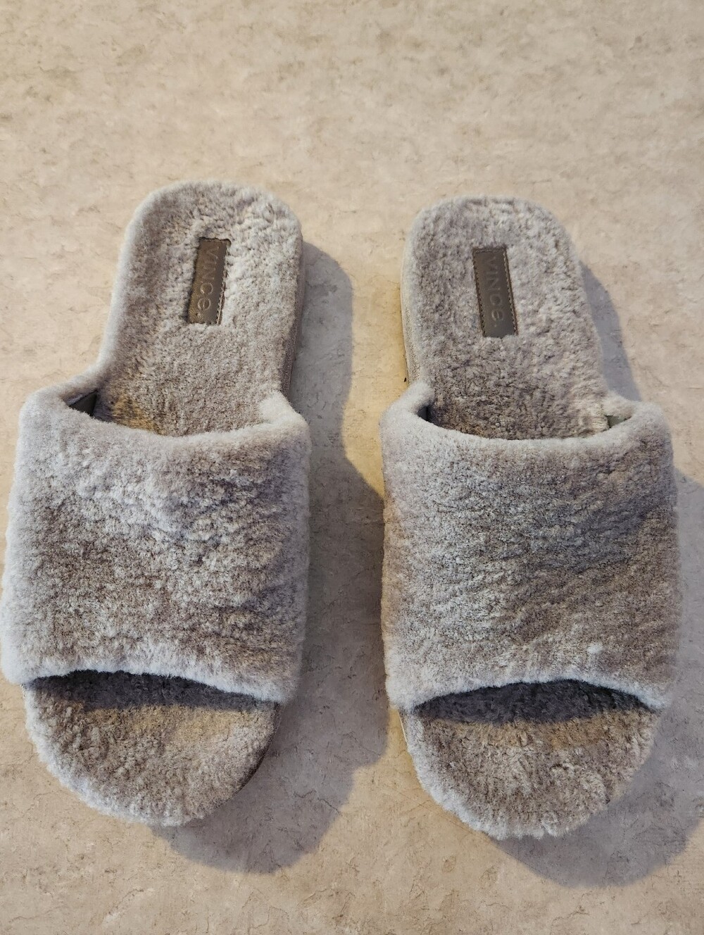 Vince Grey Fuzzy Slide Slippers - Cozy Plush Comfort